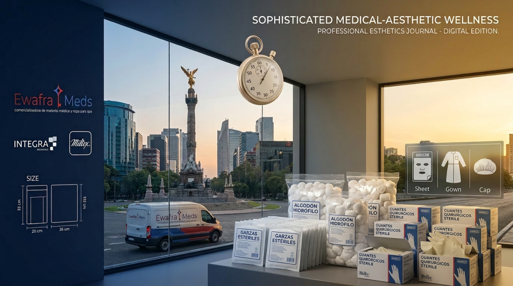 "El Core del Inventario de Ewafra Meds: Insumos de Curación y Stock de Alta Recurrencia para Clínicas y Spas de México. Portada profesional de Ebook médico y de spa."