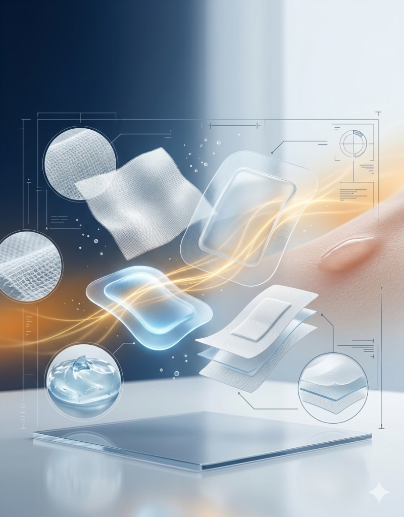 Material de curación de nueva generación en composición fotorrealista, incluyendo gasas avanzadas, apósitos transparentes, parches de hidrogel y vendajes multicapa, mostrando texturas detalladas, estructura tecnológica y un entorno clínico moderno que transmite innovación, protección y cuidado médico avanzado.