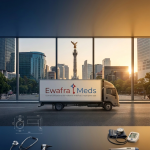 Camión de reparto de Ewafra Meds estacionado en una avenida de Ciudad de México frente a ventanales que muestran el Ángel de la Independencia. En primer plano, instrumentos médicos como un estetoscopio y un monitor de presión arterial sobre un fondo oscuro, con los logos de Integra y Miltex visibles.