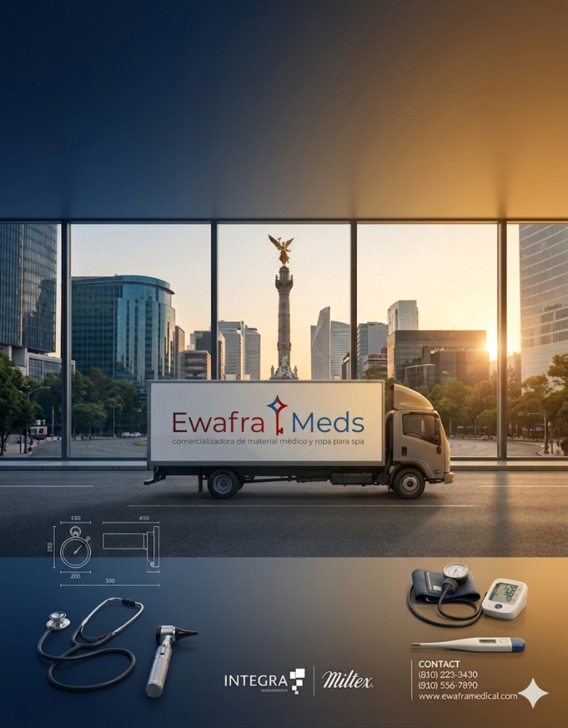 Camión de reparto de Ewafra Meds estacionado en una avenida de Ciudad de México frente a ventanales que muestran el Ángel de la Independencia. En primer plano, instrumentos médicos como un estetoscopio y un monitor de presión arterial sobre un fondo oscuro, con los logos de Integra y Miltex visibles.