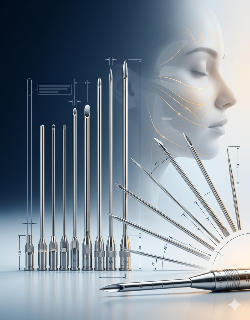 Microcánulas y agujas médicas en composición macro fotorrealista, mostrando detalles de ingeniería como puntas romas y afiladas, variaciones de calibre y acabado metálico de alta precisión, con iluminación clínica y elementos gráficos técnicos que resaltan su uso en procedimientos estéticos avanzados.