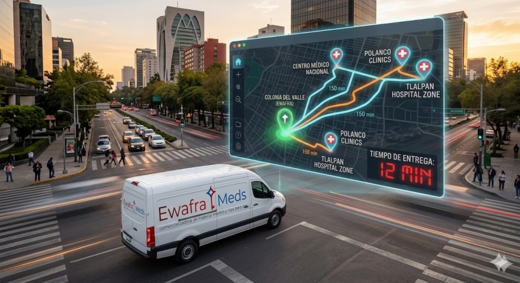 Logística de última milla médica en CDMX con rutas optimizadas desde Ewafra Meds en Colonia Del Valle a hospitales.