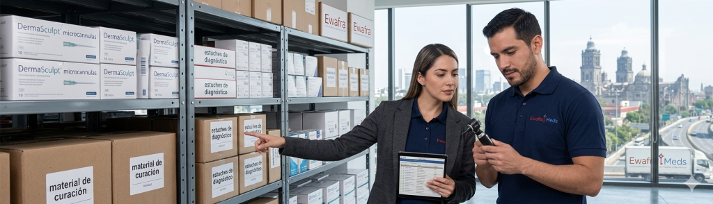 Panorama de insumos médicos en CDMX y logística de Ewafra Meds con stock de DermaSculpt y estuches de diagnóstico.