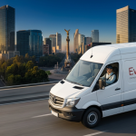 Camioneta de reparto de suministros médicos de Ewafra Meds en movimiento eficiente por el centro de la CDMX al amanecer, con el Ángel de la Independencia de fondo.", anexa donde vayas a colocar logos de la marca la imagen que se te proporciona y busca unificar colores en el diseño con respecto a los colores del logo