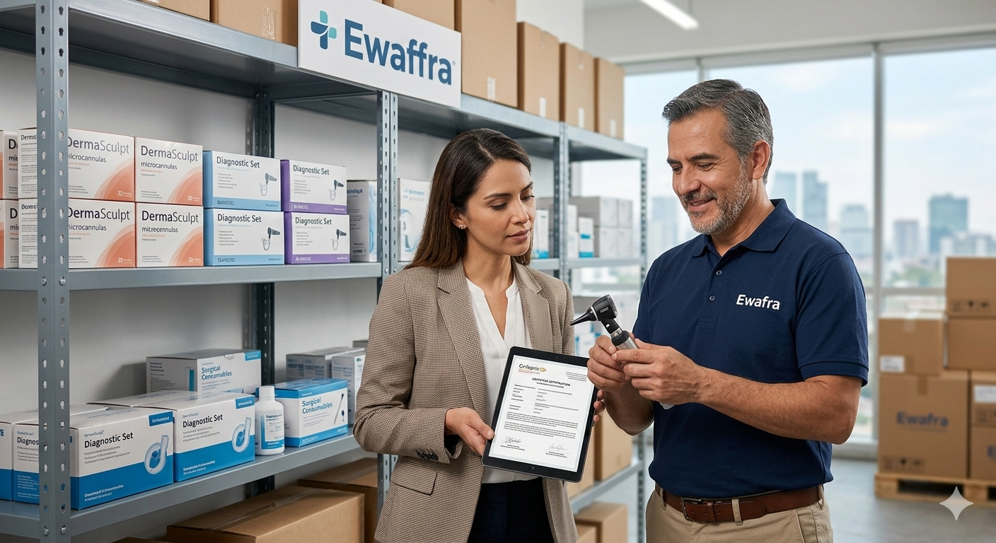 Panorama de insumos médicos en CDMX y logística de Ewafra Meds con stock de DermaSculpt y estuches de diagnóstico. Título