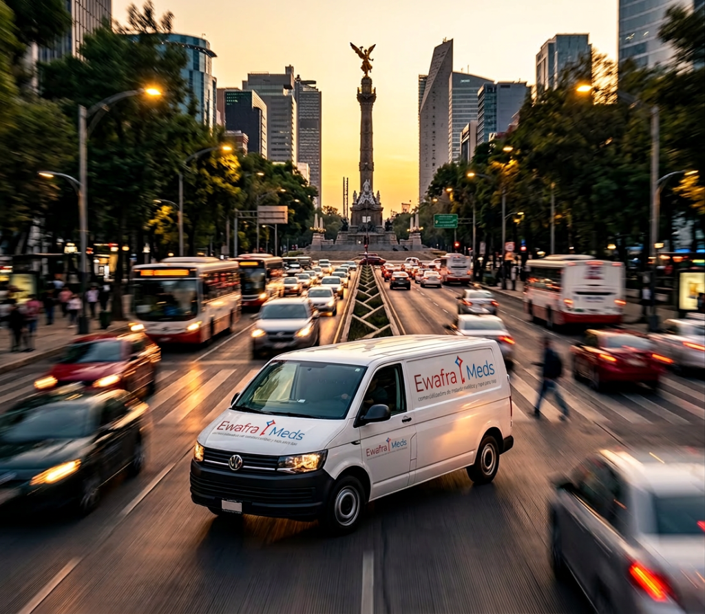 "Entregas rápidas y seguras en tu puerta. Conoce cómo nuestra red de distribución local optimiza tu inventario de material médico y spa en la capital." (Tipografía fina, centrada debajo del título).
