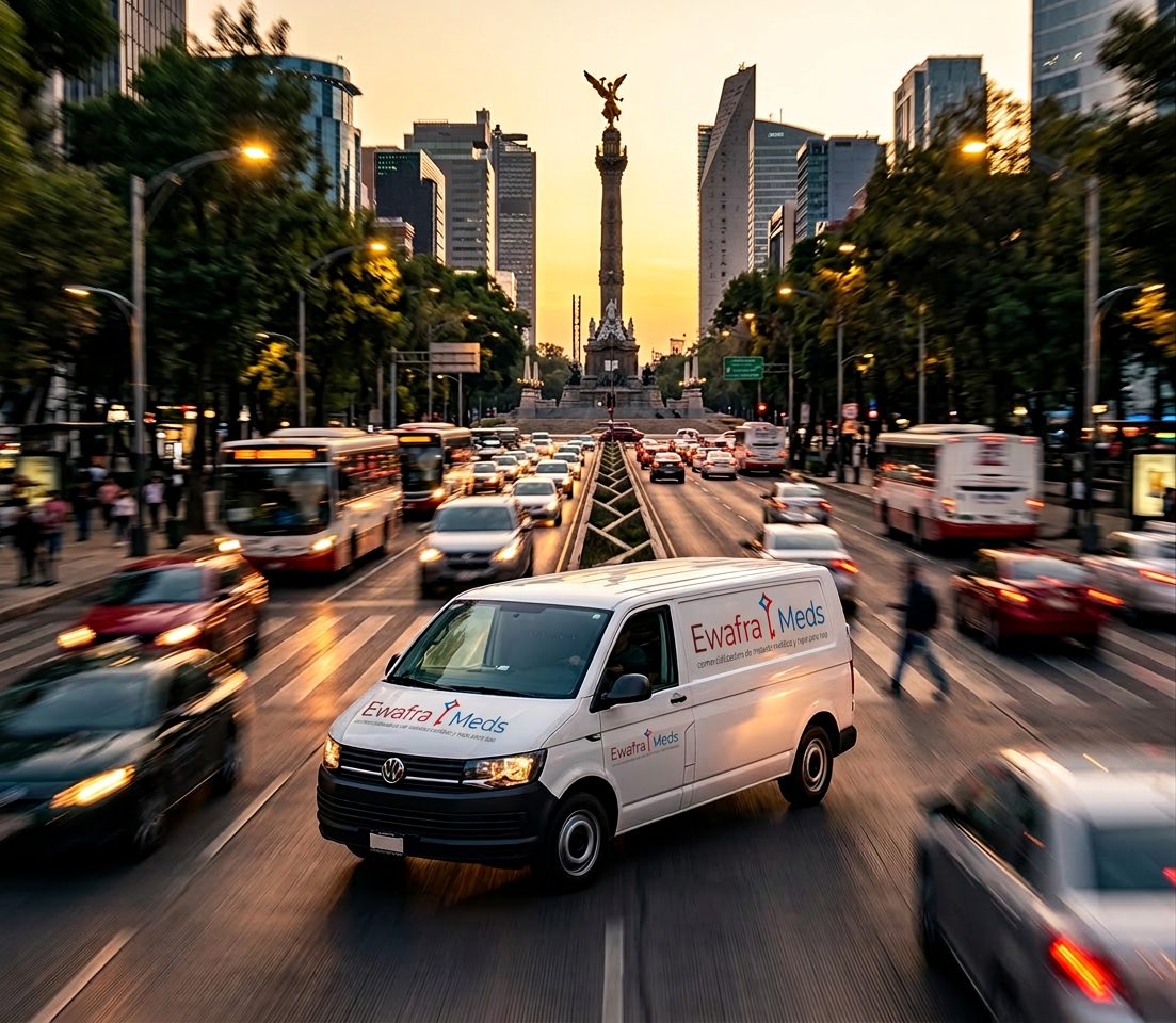 "Entregas rápidas y seguras en tu puerta. Conoce cómo nuestra red de distribución local optimiza tu inventario de material médico y spa en la capital." (Tipografía fina, centrada debajo del título).