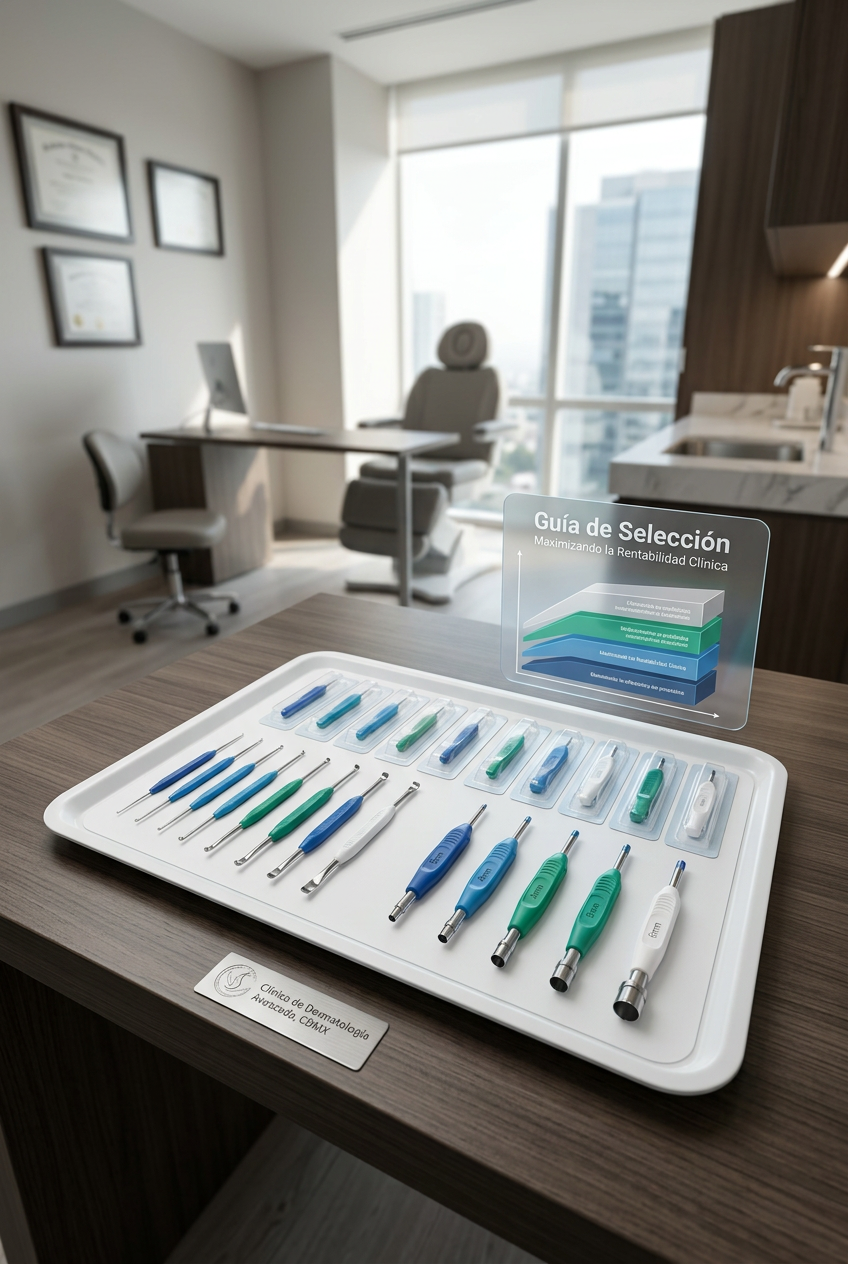 Selección de curetas dérmicas y punzones de biopsia de un solo uso de alta precisión para clínicas en CDMX. La imagen muestra instrumental dermatológico estéril junto a un gráfico simbólico de rentabilidad para el administrador de salud.