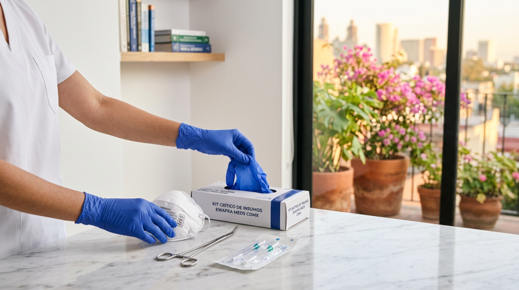 Visualización técnica de un profesional de la salud con guantes de nitrilo azules manipulando insumos médicos esterilizados. El 'Kit Crítico de Insumos EWAFRA Meds CDMX' incluye una caja de guantes médica, un respirador N95 medical-grade, pinzas quirúrgicas especializadas y un paquete de microcánulas esterilizadas, todo sobre una superficie de mármol pulido en un entorno clínico con vista a la ciudad de CDMX. El ambiente proyecta seguridad, control y profesionalismo para la marca EWAFRA.
