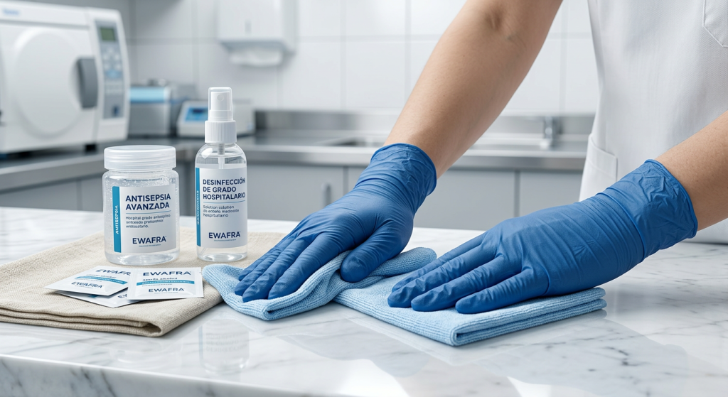 Visualización técnica de antisepsia y desinfección de grado hospitalario por EWAFRA. Manos médicas con guantes de nitrilo azules limpian una superficie de mármol, rodeadas de gel antiséptico avanzado y solución desinfectante estéril de EWAFRA, en un entorno clínico meticuloso y seguro