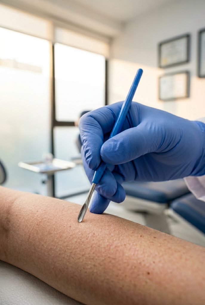 Un dermatólogo en una clínica de CDMX utiliza una cureta dérmica desechable con mango azul durante una práctica diaria. La imagen muestra la precisión del instrumento de un solo uso y el cumplimiento de protocolos de seguridad.