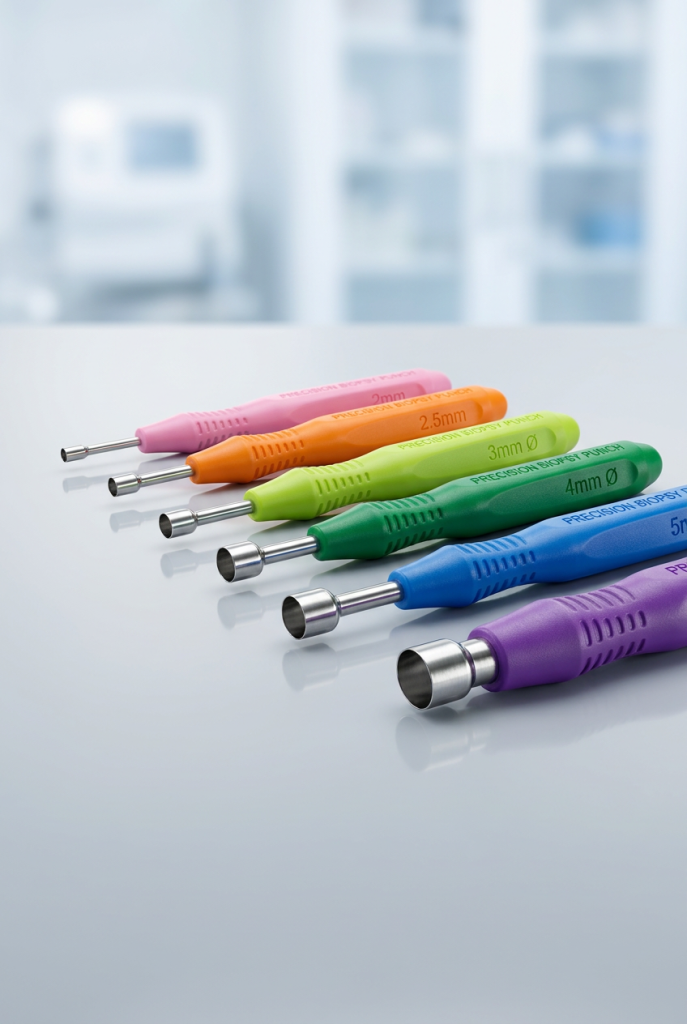 Fotografía de producto de diversos punzones de biopsia alineados. Se distinguen los mangos de plástico en colores rosa, verde y azul, que identifican los distintos tamaños de las cuchillas circulares de acero inoxidable de un solo uso.