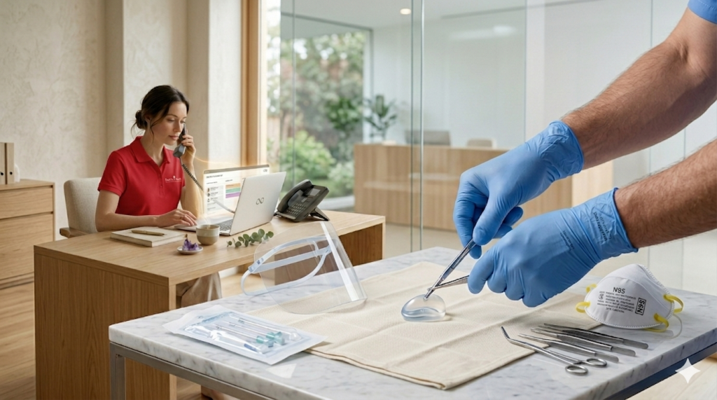 "Primer plano meticuloso de insumos médicos de bioseguridad EWAFRA en una clínica CDMX: guantes de nitrilo azules, respirador N95 y microcánulas esterilizadas, manipulados por manos maestras con guantes sobre una superficie de mármol, en un entorno clínico limpio y ordenado."
