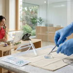 "Primer plano meticuloso de insumos médicos de bioseguridad EWAFRA en una clínica CDMX: guantes de nitrilo azules, respirador N95 y microcánulas esterilizadas, manipulados por manos maestras con guantes sobre una superficie de mármol, en un entorno clínico limpio y ordenado."