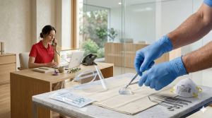 "Primer plano meticuloso de insumos médicos de bioseguridad EWAFRA en una clínica CDMX: guantes de nitrilo azules, respirador N95 y microcánulas esterilizadas, manipulados por manos maestras con guantes sobre una superficie de mármol, en un entorno clínico limpio y ordenado."