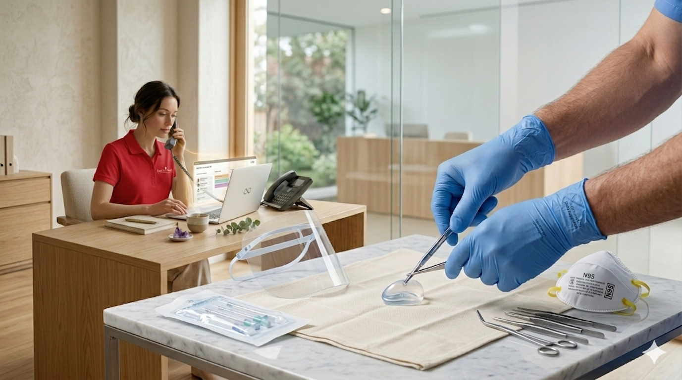 "Primer plano meticuloso de insumos médicos de bioseguridad EWAFRA en una clínica CDMX: guantes de nitrilo azules, respirador N95 y microcánulas esterilizadas, manipulados por manos maestras con guantes sobre una superficie de mármol, en un entorno clínico limpio y ordenado."