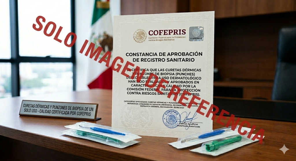 Texto Alternativo: Fotografía de un certificado oficial de COFEPRIS en México que aprueba específicamente las características técnicas y la calidad de las curetas dérmicas y punzones de biopsia de un solo uso. El documento está firmado y sellado sobre un escritorio de oficina con instrumentos estériles de muestra.