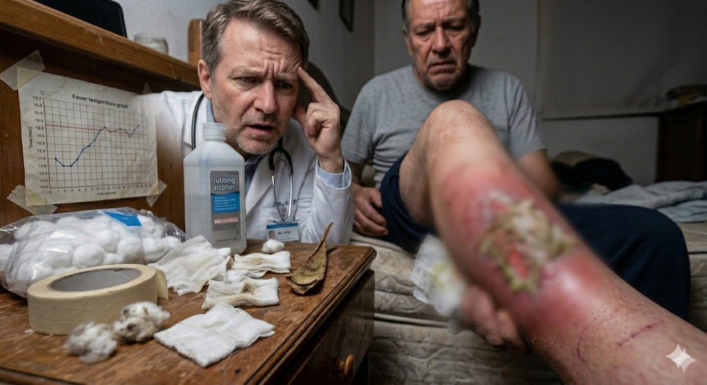 "Imagen conceptual para blog médico que muestra las consecuencias de una curación deficiente. En primer plano, la pierna de un paciente presenta una zona de herida (estratégicamente desenfocada) con signos de inflamación y el uso de materiales inadecuados como gasas amarillentas y cinta adhesiva común. A la izquierda, un médico con expresión de profunda confusión y preocupación observa la falta de progreso en la cicatrización. En una mesa de madera se observan suministros de baja calidad: alcohol comercial, bolas de algodón desordenadas y una hoja de aloe vera seca, contrastando con la necesidad de insumos de grado profesional. La escena transmite el riesgo de la automedicación y la importancia de utilizar materiales de curación avanzada de Ewafra Meds para evitar complicaciones críticas."
