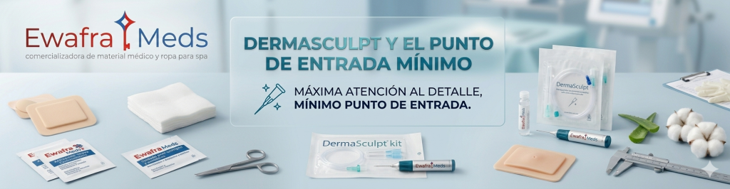 "Banner profesional de Ewafra Meds enfocado en procedimientos de medicina estética de alta precisión. La imagen muestra un set especializado de microcánulas DermaSculpt y herramientas de medición milimétrica sobre una superficie estéril. En el centro, un panel traslúcido destaca el título 'DERMASCULPT Y EL PUNTO DE ENTRADA MÍNIMO' con el lema 'MÁXIMA ATENCIÓN AL DETALLE, MÍNIMO PUNTO DE ENTRADA'. La composición incluye apósitos de silicona para áreas pequeñas, gasas estériles de alta calidad y antisépticos de la marca Ewafra Meds, junto a un vernier o calibrador que simboliza la precisión clínica. El entorno de fondo es un consultorio estético moderno y luminoso, proyectando una imagen de seguridad, tecnología avanzada y profesionalismo para médicos estéticos y especialistas en CDMX."