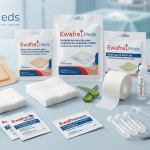 Imagen detallada de un kit completo de productos avanzados para la cura de heridas de la marca Ewafra Meds, sobre una superficie estéril de clínica en CDMX. Se incluyen apósitos de espuma, parches de silicona, gasas quirúrgicas, cinta médica, toallitas antisépticas, ampollas, jeringa, tijeras y elementos naturales de aloe vera y algodón.
