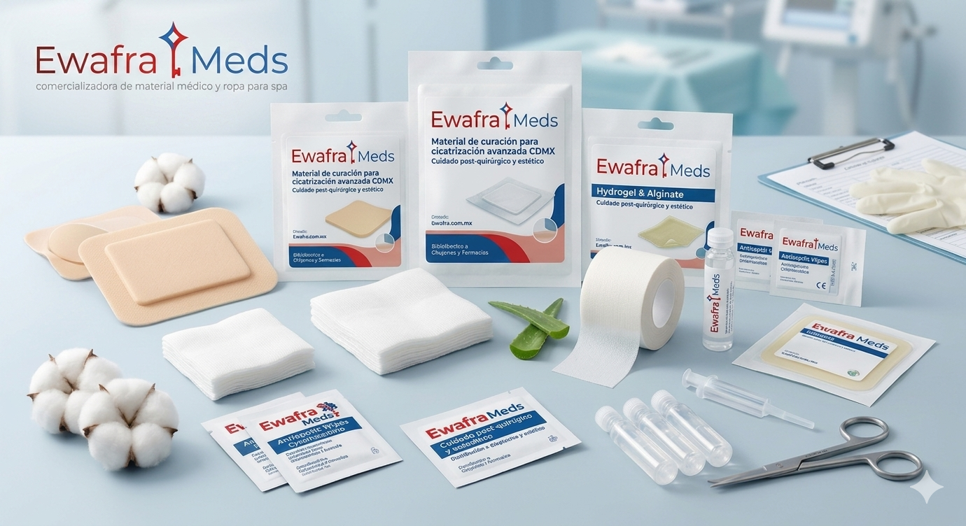 Imagen detallada de un kit completo de productos avanzados para la cura de heridas de la marca Ewafra Meds, sobre una superficie estéril de clínica en CDMX. Se incluyen apósitos de espuma, parches de silicona, gasas quirúrgicas, cinta médica, toallitas antisépticas, ampollas, jeringa, tijeras y elementos naturales de aloe vera y algodón.