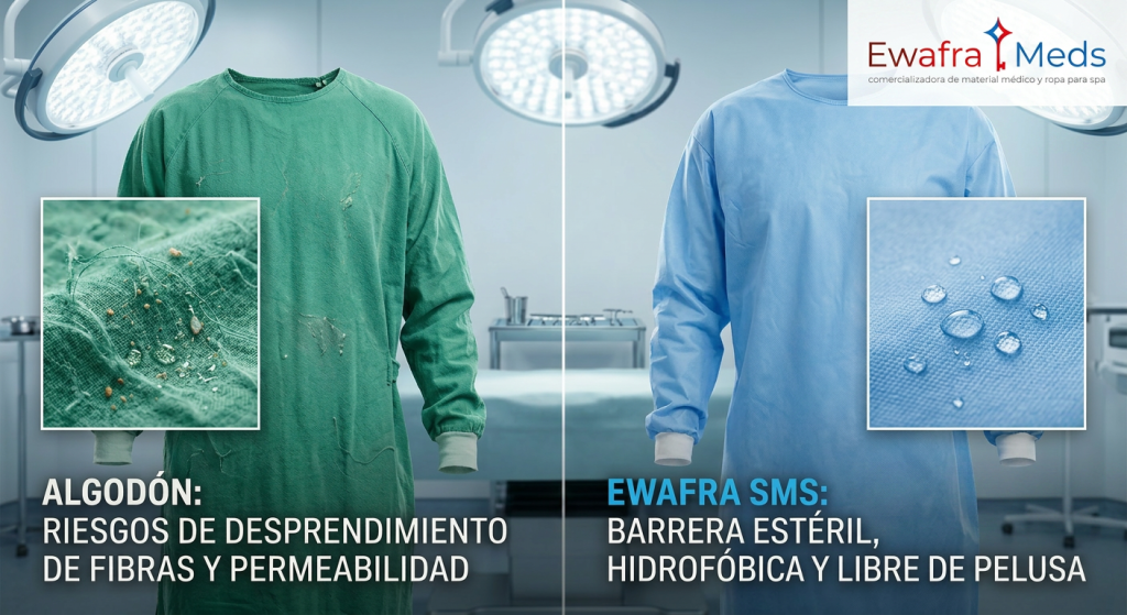 Comparación visual en un quirófano estéril entre una bata de algodón tradicional verde y una bata quirúrgica Ewafra SMS azul. A la izquierda se observa el algodón con fibras sueltas y humedad absorbida; a la derecha, la tecnología SMS de Ewafra mostrando gotas de líquido repelidas sobre una superficie libre de pelusa.