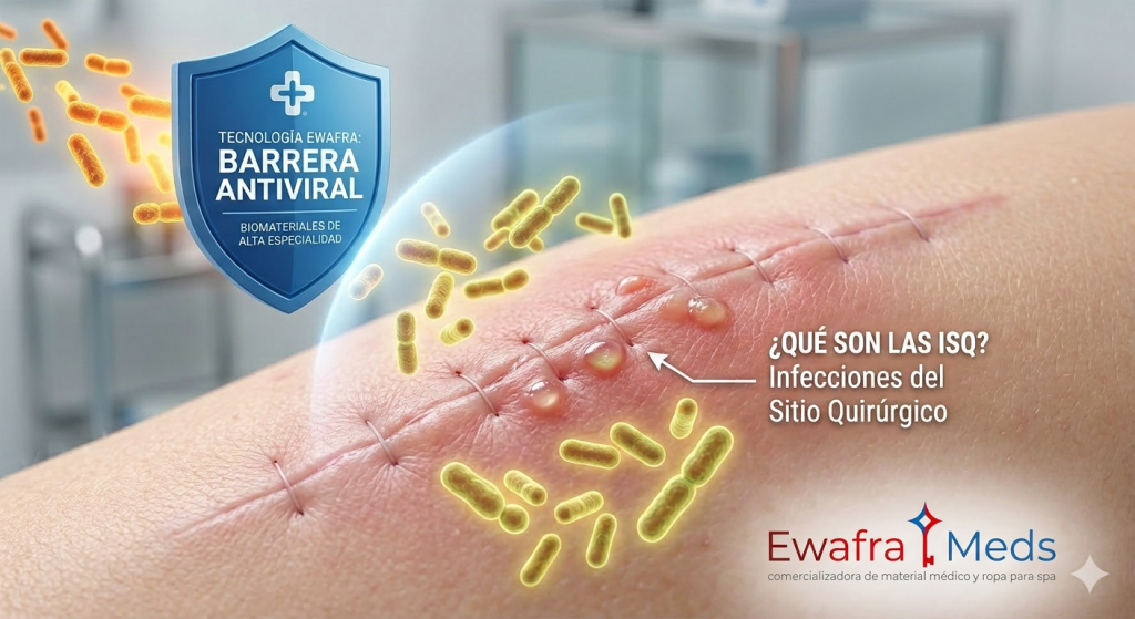 Imagen conceptual de una incisión quirúrgica inflamada rodeada de bacterias flotantes, donde un escudo azul con la marca Ewafra funciona como una barrera antiviral y de biomateriales de alta especialidad para bloquear más bacterias. En el texto se lee "¿QUÉ SON LAS ISQ? Infecciones del Sitio Quirúrgico" y "TECNOLOGÍA EWAFRA: BARRERA ANTIVIRAL / BIOMATERIALES DE ALTA ESPECIALIDAD".