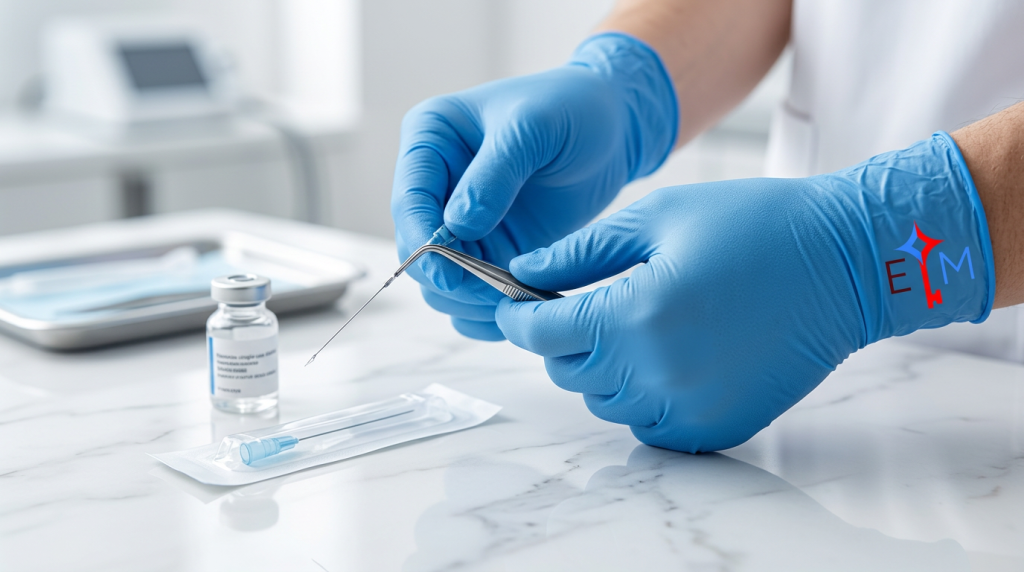 Primer plano fotorrealista de manos con guantes azules estériles sosteniendo una microcánula quirúrgica Ewafra sobre una superficie clínica blanca. Imagen de alta precisión médica.