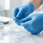 Primer plano fotorrealista de manos con guantes azules estériles sosteniendo una microcánula quirúrgica Ewafra sobre una superficie clínica blanca. Imagen de alta precisión médica.