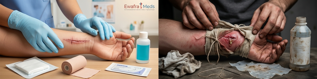 Comparativa visual entre una curación de herida profesional con guantes y gasas estériles frente a una herida infectada mal tratada.