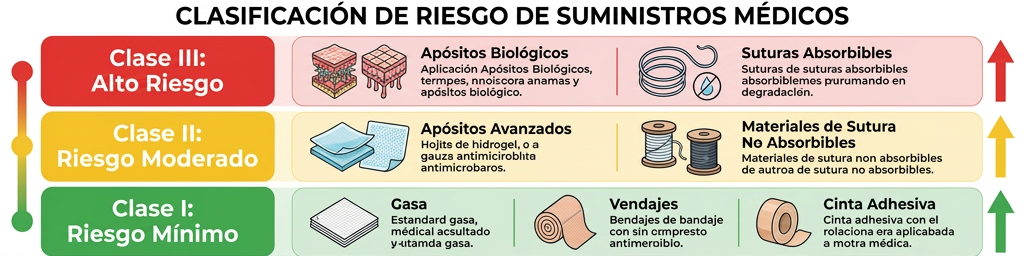 Infografía de la clasificación de riesgo de suministros médicos en Clase I, Clase II y Clase III según Ewafra Meds.