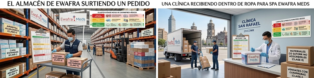 Proceso logístico de Ewafra Meds mostrando el surtido de pedidos en almacén y la entrega de suministros médicos en la Clínica San Rafael.