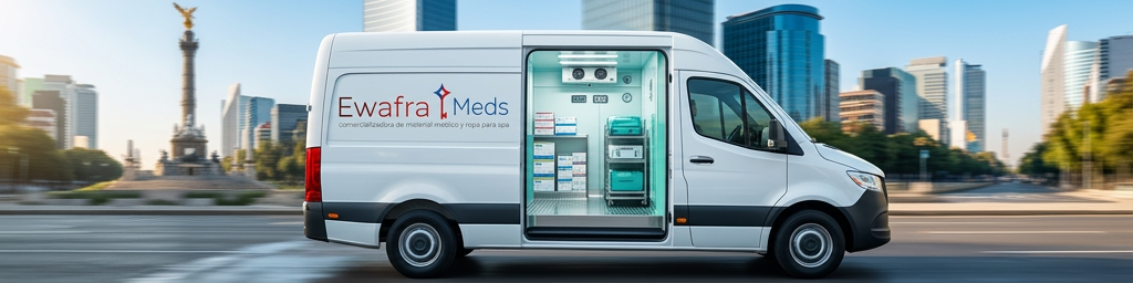 Vehículo de distribución de Ewafra transportando medicamentos de alta especialidad y material de curación a un hospital en la CDMX, con velocidad y control térmico.