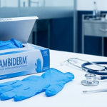 Una caja abierta de guantes de nitrilo azul AMBIDERM con un par de guantes sueltos sobre una mesa clínica blanca en Ewafra Meds.
