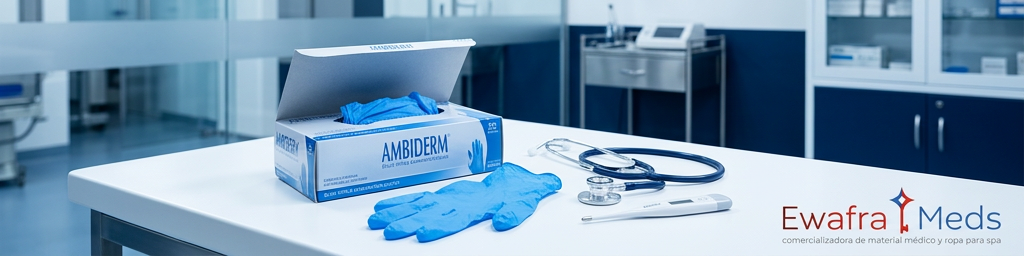 Una caja abierta de guantes de nitrilo azul AMBIDERM con un par de guantes sueltos sobre una mesa clínica blanca en Ewafra Meds.