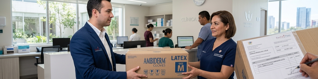 xalt="Ejecutivo de Ewafra Meds entregando caja de guantes de látex Ambiderm a jefa de enfermería en una clínica"