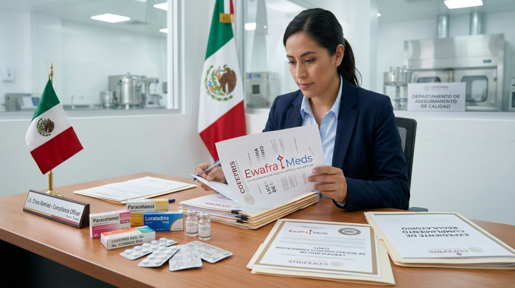 Oficial de cumplimiento normativo revisando expediente de COFEPRIS de Ewafra Meds, distribuidor mayorista de medicamentos de alta especialidad y material de curación en México.