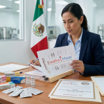 Oficial de cumplimiento normativo revisando expediente de COFEPRIS de Ewafra Meds, distribuidor mayorista de medicamentos de alta especialidad y material de curación en México.