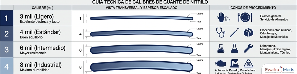 alt="Infografía de guía técnica de calibres de guante de nitrilo de 3, 4, 6 y 8 mil de Ewafra Meds"