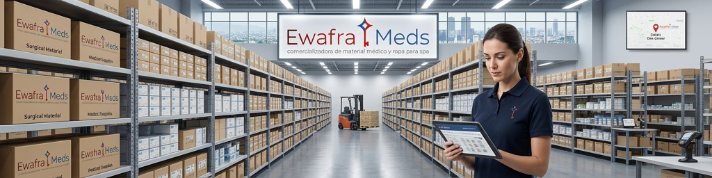 Almacén automatizado de Ewafra en CDMX con amplio stock de material de curación y medicamentos de alta especialidad listos para distribución hospitalaria inmediata.