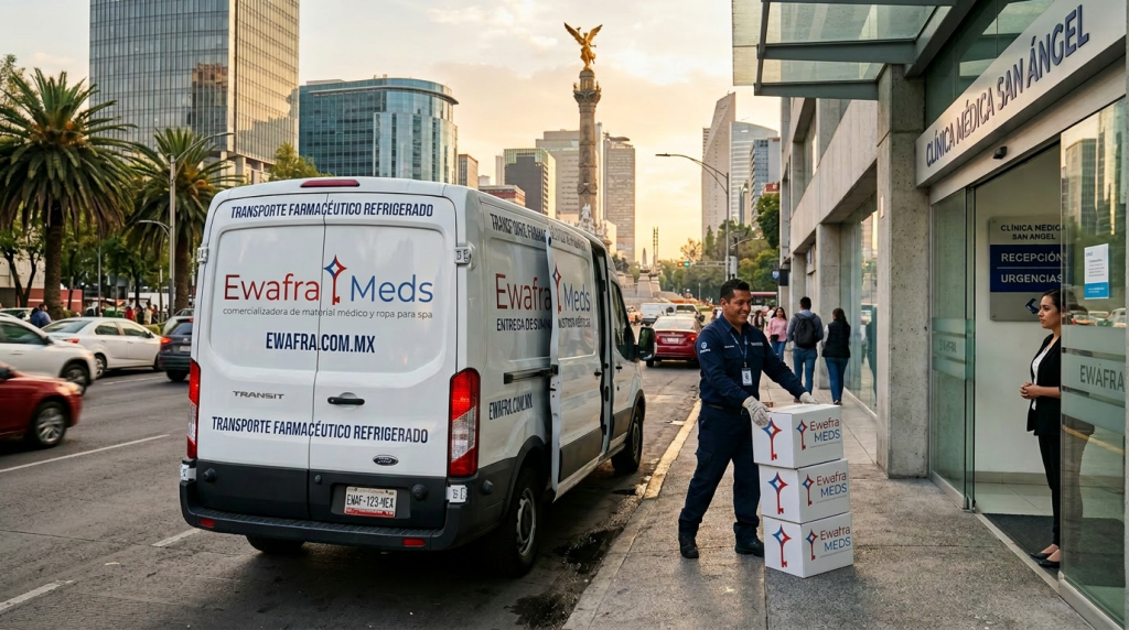 Imagen de una camioneta de distribución médica de EWAFRA entregando cajas de medicamentos al mayoreo en la entrada de una clínica moderna en la Ciudad de México. Un repartidor uniformado descarga el pedido con el Ángel de la Independencia visible al fondo, en luz dorada. Representa la capacidad logística y confiabilidad de entrega de EWAFRA como distribuidor mayorista en CDMX.