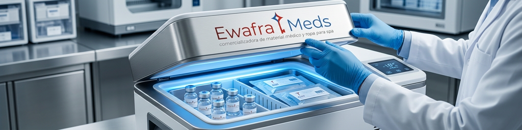 Contenedor térmico de Ewafra abierto que muestra medicamentos biológicos y material de curación bajo estricto control de temperatura para clínicas en México.