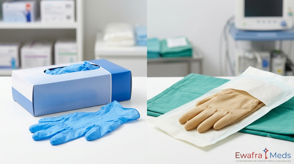 Comparativa de guantes de exploración vs quirúrgicos Ambiderm distribuidos al mayoreo por EWAFRA MEDS en CDMX.
