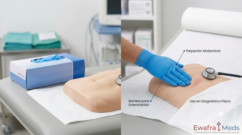 Infografía médica que muestra para qué sirven los guantes de exploración en diagnóstico y palpación por EWAFRA MEDS.