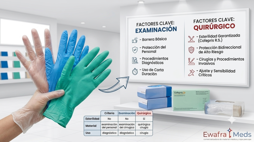 Guía visual para la toma de decisiones al comprar guantes de exploración vs quirúrgicos en EWAFRA MEDS.