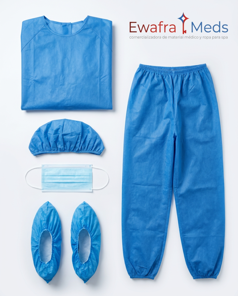 Tipos de ropa desechable médica: bata quirúrgica, gorro, cubrebocas, botas y uniforme de un solo uso