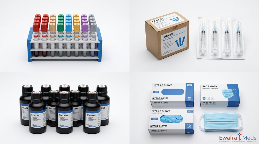 Insumos para laboratorio clínico al mayoreo: tubos de vacío, reactivos, lancetas y guantes de nitrilo distribuidos por Ewafra Meds en CDMX