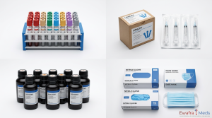 Insumos para laboratorio clínico al mayoreo: tubos de vacío, reactivos, lancetas y guantes de nitrilo distribuidos por Ewafra Meds en CDMX