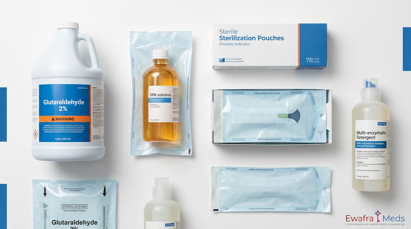 Esterilizantes de alto nivel al mayoreo: glutaraldehído 2%, Cidex OPA, bolsas de esterilización y detergente multienzimático, Ewafra Meds CDMX |
