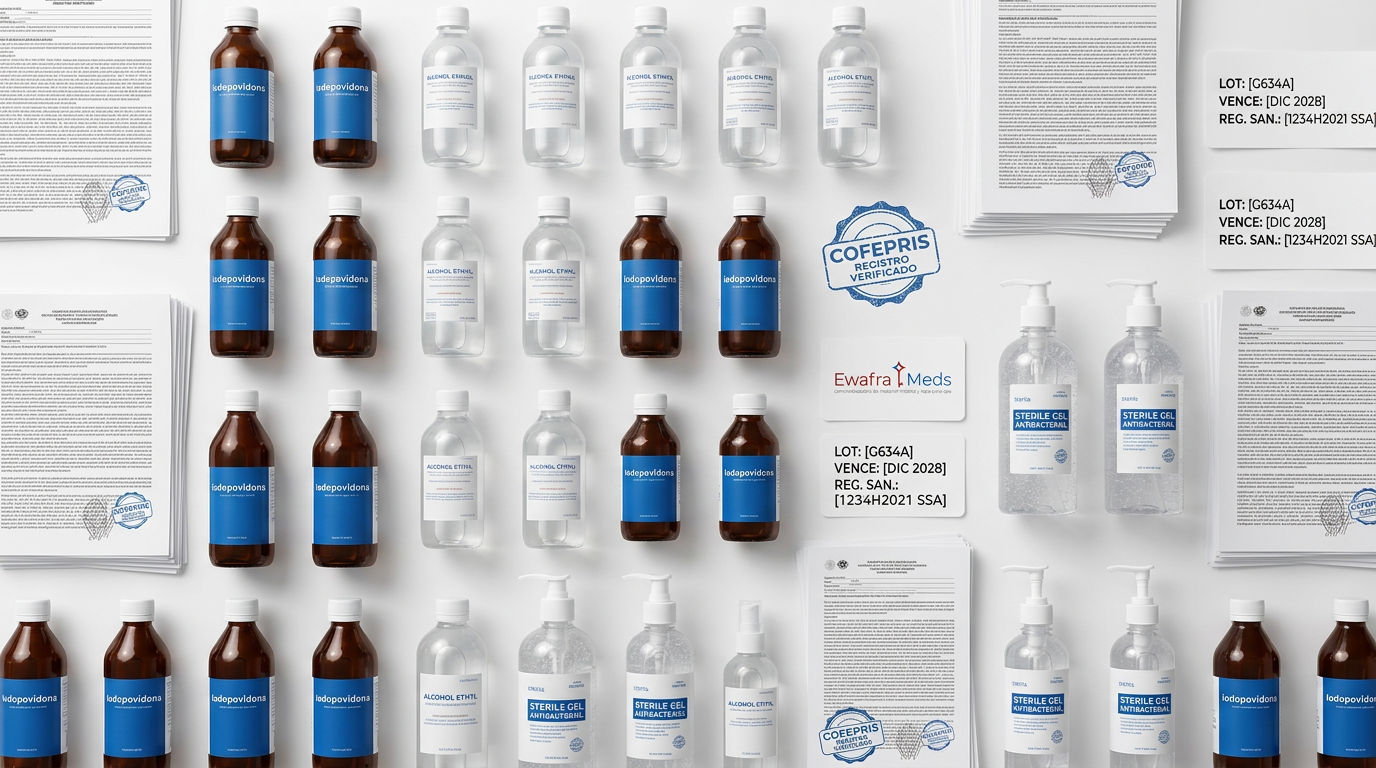 Antisépticos y esterilizantes para clínicas con número de lote, registro sanitario Cofepris y control de caducidad, proveedor mayorista Ewafra Meds CDMX |